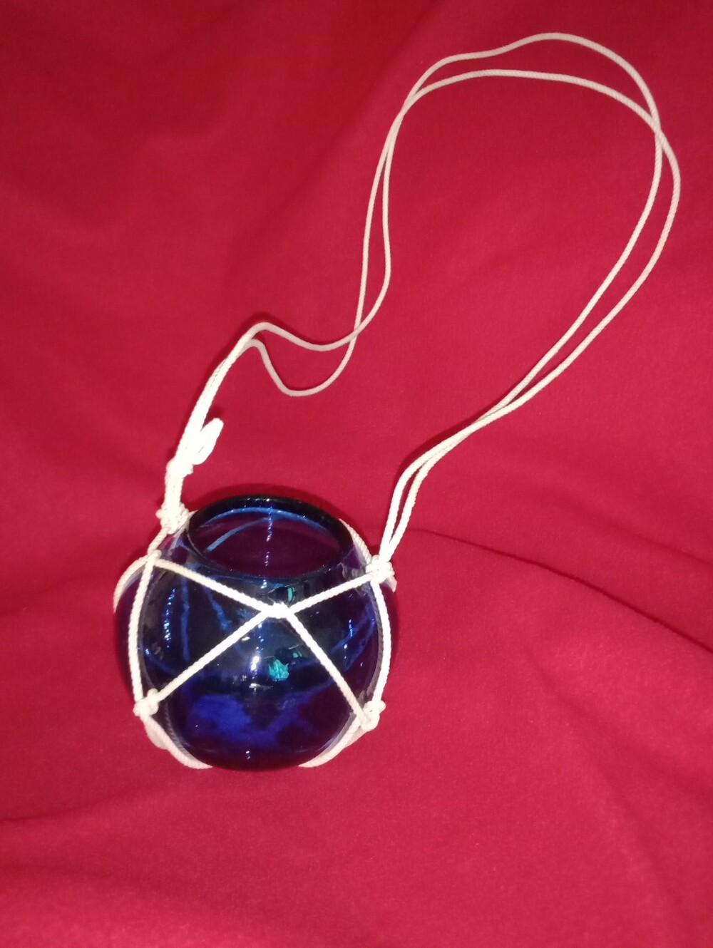 Vintage Blue Glass Ball Hanging Planter 4 1/2" Dia. Knotted Rope